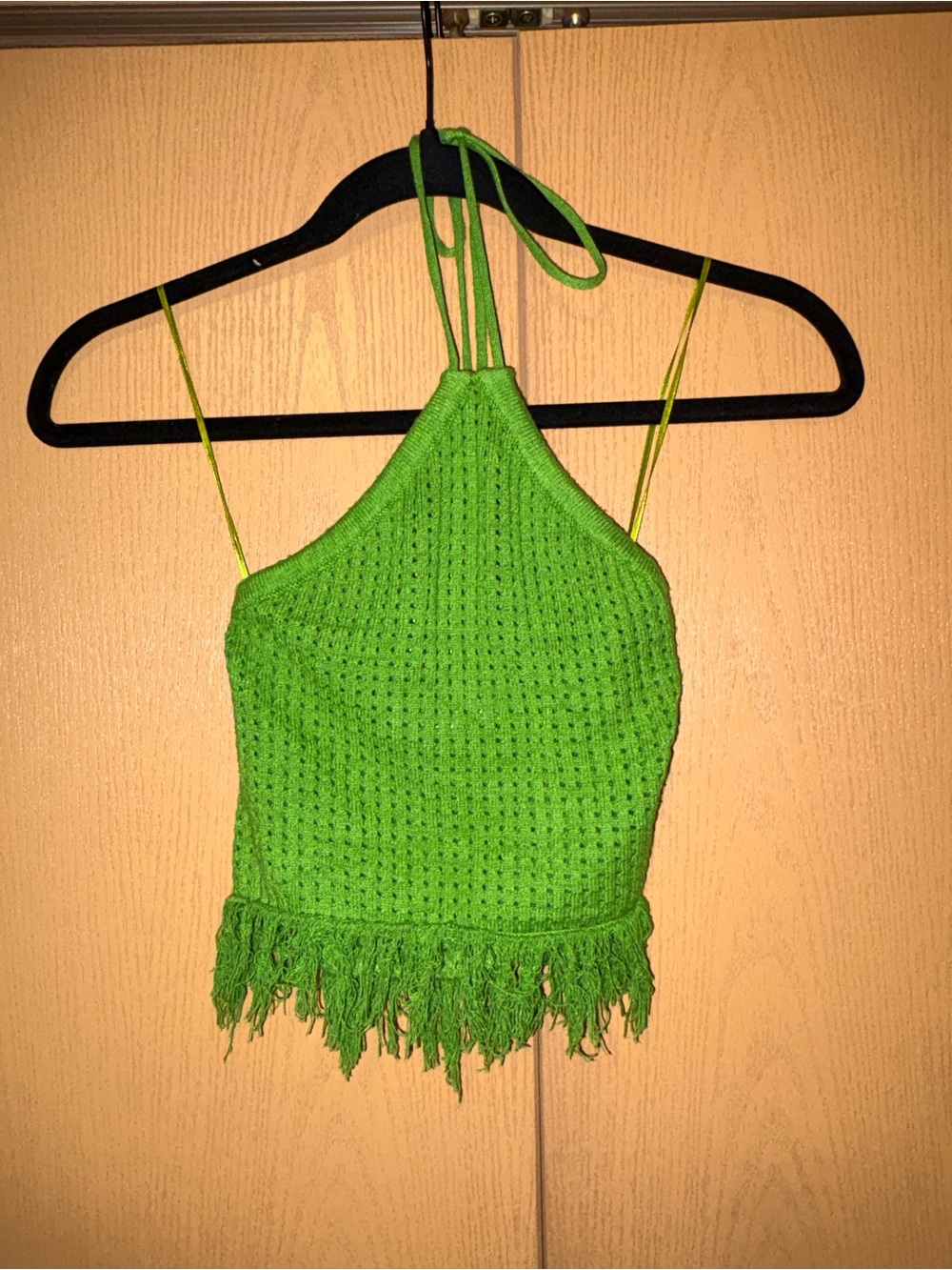Green Crochet Halter Crop Top with Fringe
